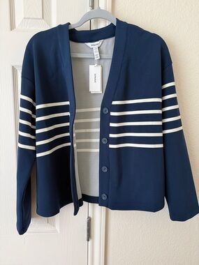 SPANX Navy and Cream Striped Button-Front Cardigan